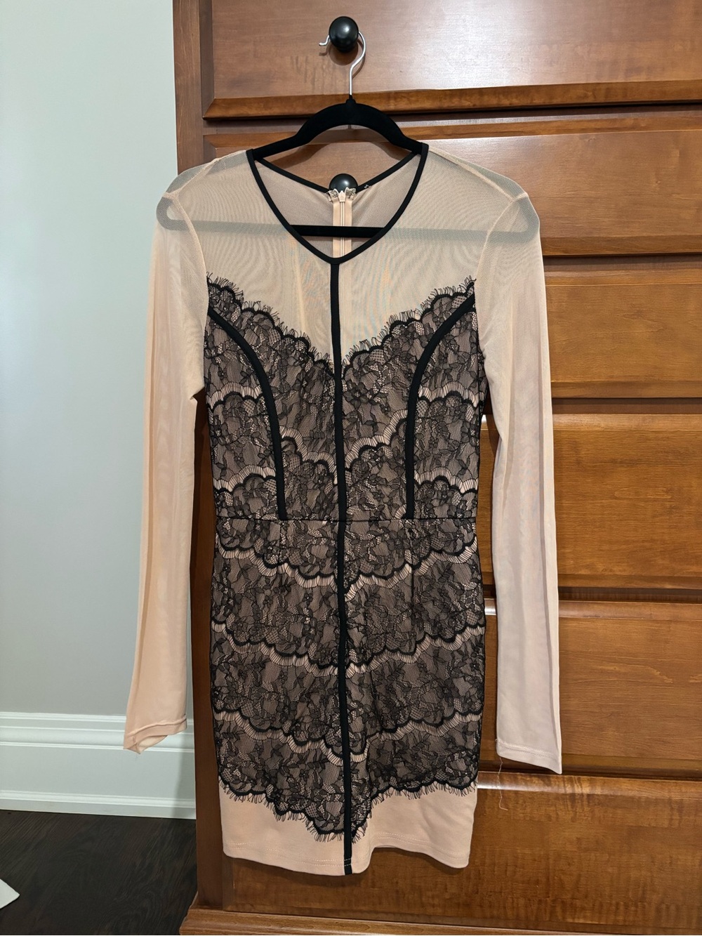 Sheer Long-Sleeve Lace Bodycon Dress in Nude and Black
